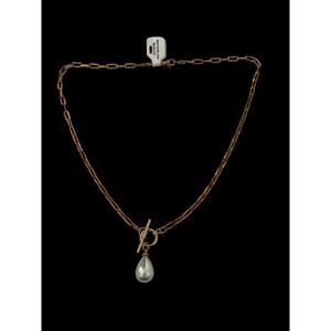 Gold Plated Danity Freshwater Pearl Paper Clip Toggle Chain Necklace Pendant NWT